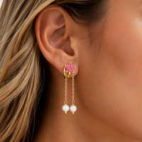 Traumhafte Vintage 18K PVD Vergoldete Edelstahl Blumen-Ohrringe mit Farbigen Kristallen und Reisperlen-Quasten für Hochzeiten