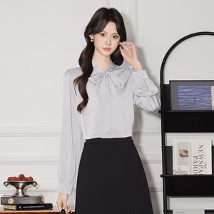 White Long Sleeve Satin Blouse With Bow Tie For Commuting Spring Autumn French Style Women's Shirt Solid Color Polyester Q132 - Product Image 4