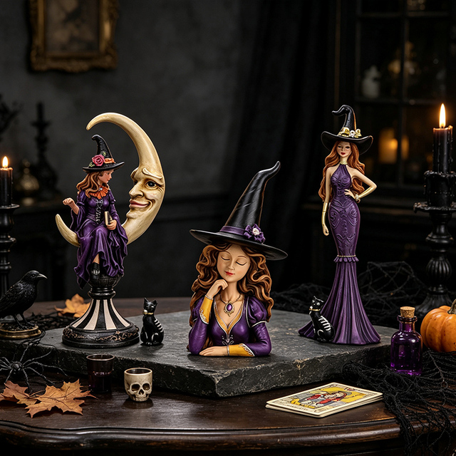 Redeco Elegant Witch Bust Resin Figurine Halloween Decor Purple Dress Amethyst Necklace Shelf Display for Home