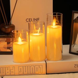 Bougie pilier sans flamme à LED fonctionnant sur piles dans un support en verre Ensemble de 3 tailles pour la décoration de la maison - Product Image 1