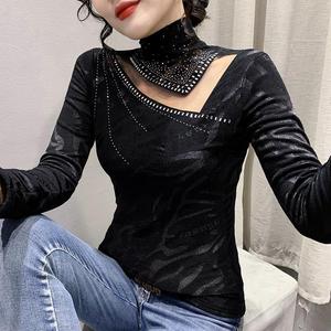 Camiseta de manga larga con cuello en V de malla, estilo nuevo de invierno, con diseño hueco y terciopelo de zorro plateado, con pedrería, <span class=keywords><strong>para</strong></span> <span class=keywords><strong>mujer</strong></span> - Product Image 6