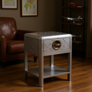 Tavolino Vintage Stile Aviatore in Alluminio Argento con 1 Cassetto, Arredamento per Soggiorno - Product Image 2