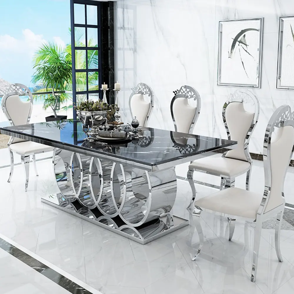 आधुनिक फर्नीचर रसोई खाने की मेज और 6 कुर्सी लक्जरी रेस्तरां धातु स्टेनलेस स्टील संगमरमर भोजन कक्ष सेट खाने की मेज