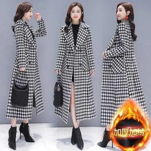 Women's Long Plaid Wool Coat Thickened Slim Fit Elegant Houndstooth Fashion Winter Outerwear - Product Image 1