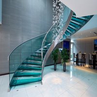 Moderne Metallene Gebogene Wendeltreppe mit Glasstufen Glasgeländer Pulverbeschichtet DIY Innentreppe für Villa & Hotel