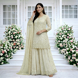 Ensemble Sharara en Georgette Brodé Or Crème Ivoire, Tenue 3 Pièces pour Cérémonie de Nikah Musulmane, Walima, Invitée de Mariage de Jour - Product Image 1