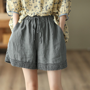 Women's Cotton Linen Shorts Burnt Yellow Crochet Hem <b>Drawstring</b> Waist Casual Summer Pants With Pockets Breathable Mid Waist - Product Image 3