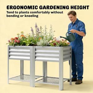 Jardinera Elevada de Acero Galvanizado con Estante de Almacenamiento, Contenedor para Plantas de Exterior Plateado - Product Image 5