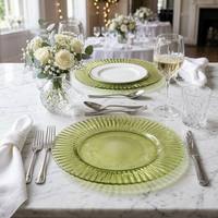 Assiette de présentation en verre plissé vert pâle de 13 pouces pour la maison, les cafés, les hôtels et les banquets – Vente en gros