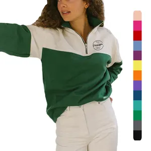 Custom 3D Embroidery Logo Two Tone Women Quarter Zip Sweatshirts Color Block White Green 1/3 Zipper Neck Warm Sweatshirts