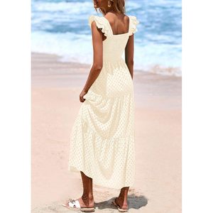 Vestido largo de verano para mujer con cuello cuadrado, manga casquillo, diseño de ojales, fruncido, con volantes en capas, corte en A, fluido y con bolsillos - Product Image 2