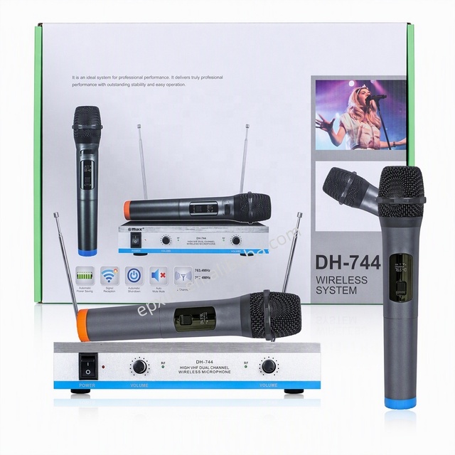 DH-744 Dual Channel VHF Wireless Microphone System with 2 Handheld Wireless System for Church Karaoke Bar