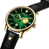Reloj Mecánico Personalizado para Hombre de Negocios con Correa de Cuero, Esfera Redonda Dorada con Diseño de Moneda, Acero Inoxidable, Movimiento Automático Miyota 8217