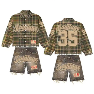 Set Personalizzato da <span class=keywords><strong>Uomo</strong></span> con <span class=keywords><strong>Camicia</strong></span> a Quadri Retrò e Pantaloncini <span class=keywords><strong>in</strong></span> <span class=keywords><strong>Jeans</strong></span>, T-shirt con Colletto Rovesciato, Ricamo Applicato con Lettere e Strass - Product Image 1