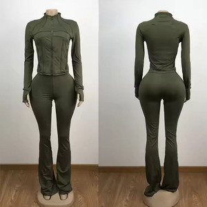 Trajes de otoño para mujer Chaqueta sólida Top y pantalones acampanados de cintura alta Conjunto de dos piezas a juego Ropa de mujer para correr - Product Image 3