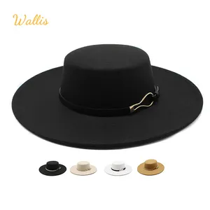Women Solid Color Imitation Woolen Panama Jazz Cap Elegant British Wide Brim Ladies Caps Bowler Hats Flat Top Fedora Hats