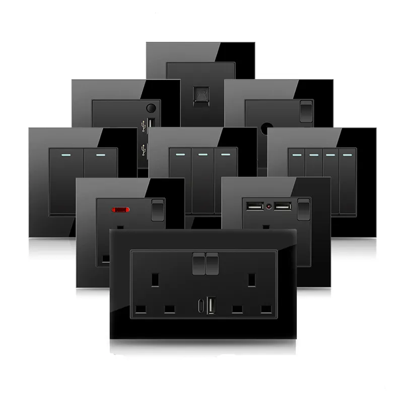 UK standard Black glass 13A Wholesale 1 gang wall switch electric USB C socket uk light switch