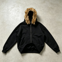 Sudadera con capucha y cremallera para hombre OUNA, negra, con capucha de piel, forro polar grueso, ropa de abrigo de invierno, estilo vintage Y2K, logotipo personalizado
