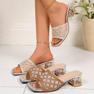 F2612 <span class=keywords><strong>Pantoufles</strong></span> pour femmes en maille ajourée respirante à bout carré, à porter avec des orteils apparents, nouvelles sandales à talons hauts grande taille transfrontalières - Product Image 1