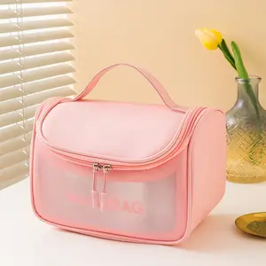 2023 Logo Customize Travel Transparent Pink Tpu Zip Cosmetic Bag Pouch Clear Pvc Waterproof Make Up Bags with Handle