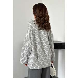 Women's <b>Grey</b> <b>Fleece</b> Diamond Plaid <b>Jacket</b> in Wholesale Supply - Product Image 1