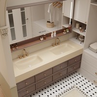 Meuble de salle de bain mural en noyer, style minimaliste moderne, avec vasque intégrée en céramique à plaque de roche fendue, sans joint, et toilettes combinées