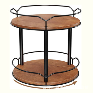 Two Tier Wooden Kitchen <b>Spice</b> <b>Rack</b> With Guardrail <b>Rotating</b> Storage For <b>Spices</b> And Condiments - Product Image 2