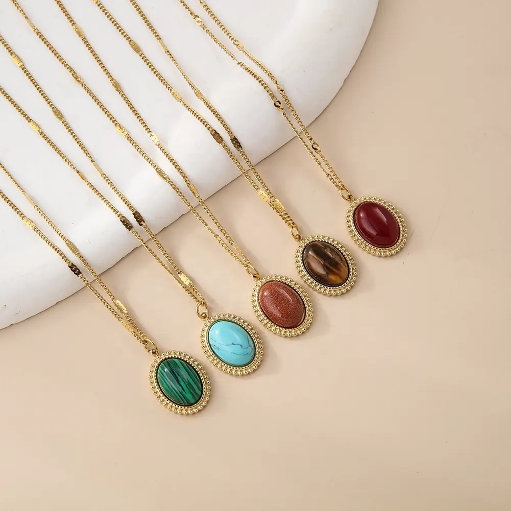 Stainless steel necklace Oval natural tiger's eye stone malachite turquoise women's necklace choker