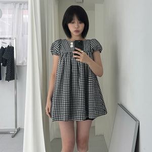 Vestido Mini Casual de Verano para Niñas, con Estampado Digital a Cuadros, Cuello Alto, Cintura Alta, Corte en A, Manga Corta, Ecológico y Bonito - Product Image 4