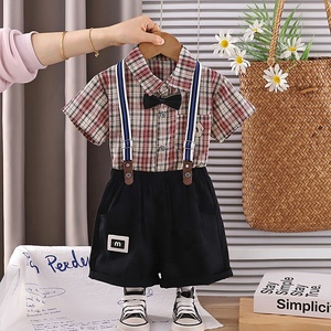 Conjunto de Dos Piezas para Niños, Camisa <span class=keywords><strong>a</strong></span> Cuadros de Manga Corta y Pantalones Cortos con Tirantes, Estilo Casual de Verano - Product Image 2