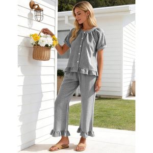 FOXA Womens Striped Pajama Set 2 Piece Cotton Ruffle Button <b>Down</b> Top Long <b>Pants</b> Soft Sleepwear With Pockets - Product Image 6