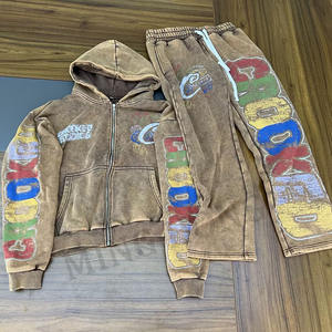 Survêtement à capuche et pantalon de survêtement zippé et délavé à l'acide, style de rue lourd et design - Product Image 5