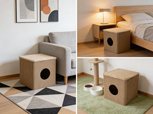 Faltbares Katzen-Würfelhaus Gemütliches Plüsch-Versteck für Drinnen Zusammenklappbares Stoff-Katzenbett mit Einstiegslöchern Waschbares Kätzchen-Nest Haustier - Product Image 3
