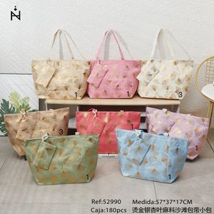 Bolso de playa de lino con estampado de oso dorado, 57x37x17cm, con bolsa pequeña para mujer, para uso en verano - Product Image 3