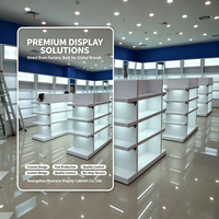Présentoir d'îlot de supermarché en MDF personnalisé en usine, éclairage double face, robuste, pour chaussures, sacs, céramique, articles duty-free