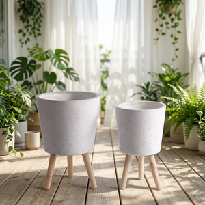 Pot de fleurs minimaliste en béton avec pieds en bois, jardinière pour plantes d'intérieur, décoration pour la maison - Product Image 2