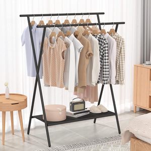 Draagbare Dubbele Staaf Kledingrek Met Oxford Doek Planken Zwart Metalen Kledingstuk Opknoping <span class=keywords><strong>Rack</strong></span> Voor Gebruik In De Woonkamer - Product Image 4