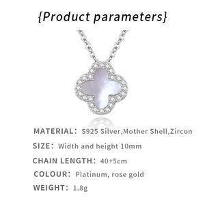 Kalung liontin tulang kerah perak 925, mewah 4 daun pesona kalung tatahan ibu dari mutiara untuk pesta ulang tahun pertunangan pernikahan - Product Image 6