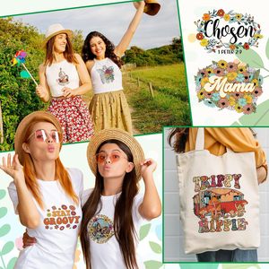 Transferts thermocollants rétro, groovy et hippie pour T-shirts, transferts DTF avec citations positives, prêts à poser, motifs Flower Power et patchs papillon - Product Image 5