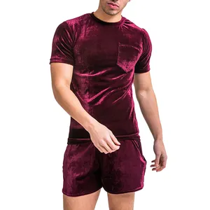 Custom Design Velour Shorts Set Men Vintage Tracksuit Mens Velvet Embroidered Plain Streetwear Summer T shirt