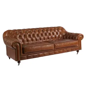 Ensemble de canapés de luxe pour salon et maison canapé vintage marron capitonné avec bras roulé en cuir véritable grain