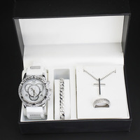Ensemble promotionnel de 4 pièces pour homme, tendance estivale, marque YJ, acier inoxydable, plaqué argent, montre, bracelet, collier, bague, ensemble cadeau