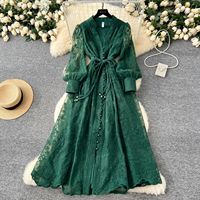 Robe longue d'été pour femme, style défilé, brodée de dentelle florale, manches lanterne, ceintures élégantes, vintage, pour soirée, style français, Vestidos