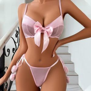 Conjunto de lencería erótica de dos piezas con lazo y pompón para mujer, transparente, de malla, estilo colombiano, sexy - Product Image 1