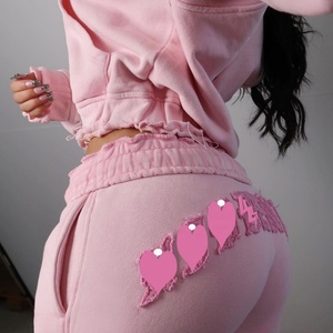 French Terry Oversized <b>Zip</b> <b>up</b> Distressed Hoodie Acid Wash Patch Applique Embroidered <b>Cropped</b> Jogger Set Tracksuits for Women - Product Image 2