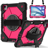 Étui robuste pour iPad Air 11 M3 2025 M2 2024 avec support rotatif à 360°, dragonne, bandoulière et porte-stylet – Noir et Rose Rouge