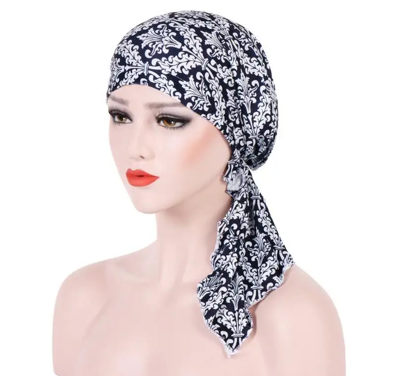 New elastic fabric printed headscarf large tail hat floral cloth Women Inner Lined Undercap Hijab