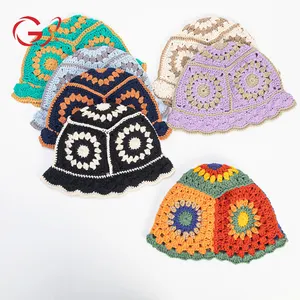 GX3102 Nouveau Chapeau bohème en crochet fait main Chapeau seau tricoté à fleurs Mode Femmes Automne Hiver Extérieur Chaud Petit Pot Chapeau