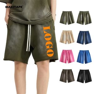 กางเกงขาสั้นผ้าฝรั่งเศสเทอร์รี่แบบยูนิเซ็กซ์ ขอบดิบ ความยาวกลางเข่า สีพื้น ระบายอากาศได้ดี ผ้าฝ้ายเนื้อหนา สไตล์ลำลอง สำหรับออกกำลังกาย วิ่ง ฟิตเนส วินเทจ - Product Image 1