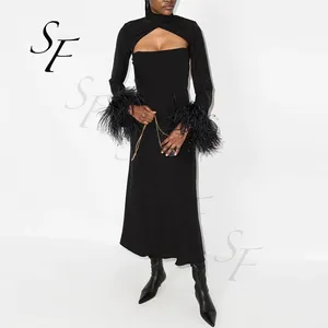 Vestido de fiesta de noche negro de plumas de avestruz, negro